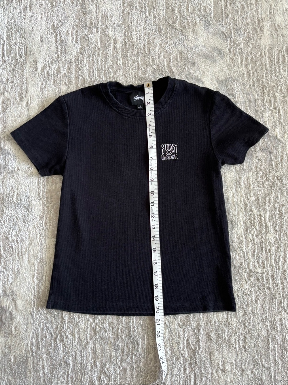 Stussy Womens Ribbed Black Short Sleeve Tee with White Chest Logo - Picture 3 of 7